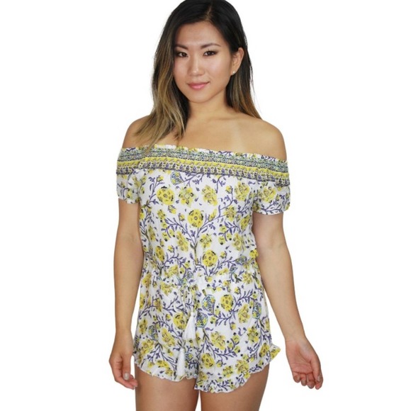 NWT Cotton Candy Off the Shoulder Floral Romper Yellow - Picture 2 of 4